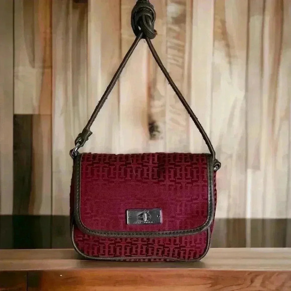 Tommy Hilfiger Handbags - Tommy Hilfiger Mini Dark Red Crossbody Bag with Gold Front Clasp. 7" by 6"